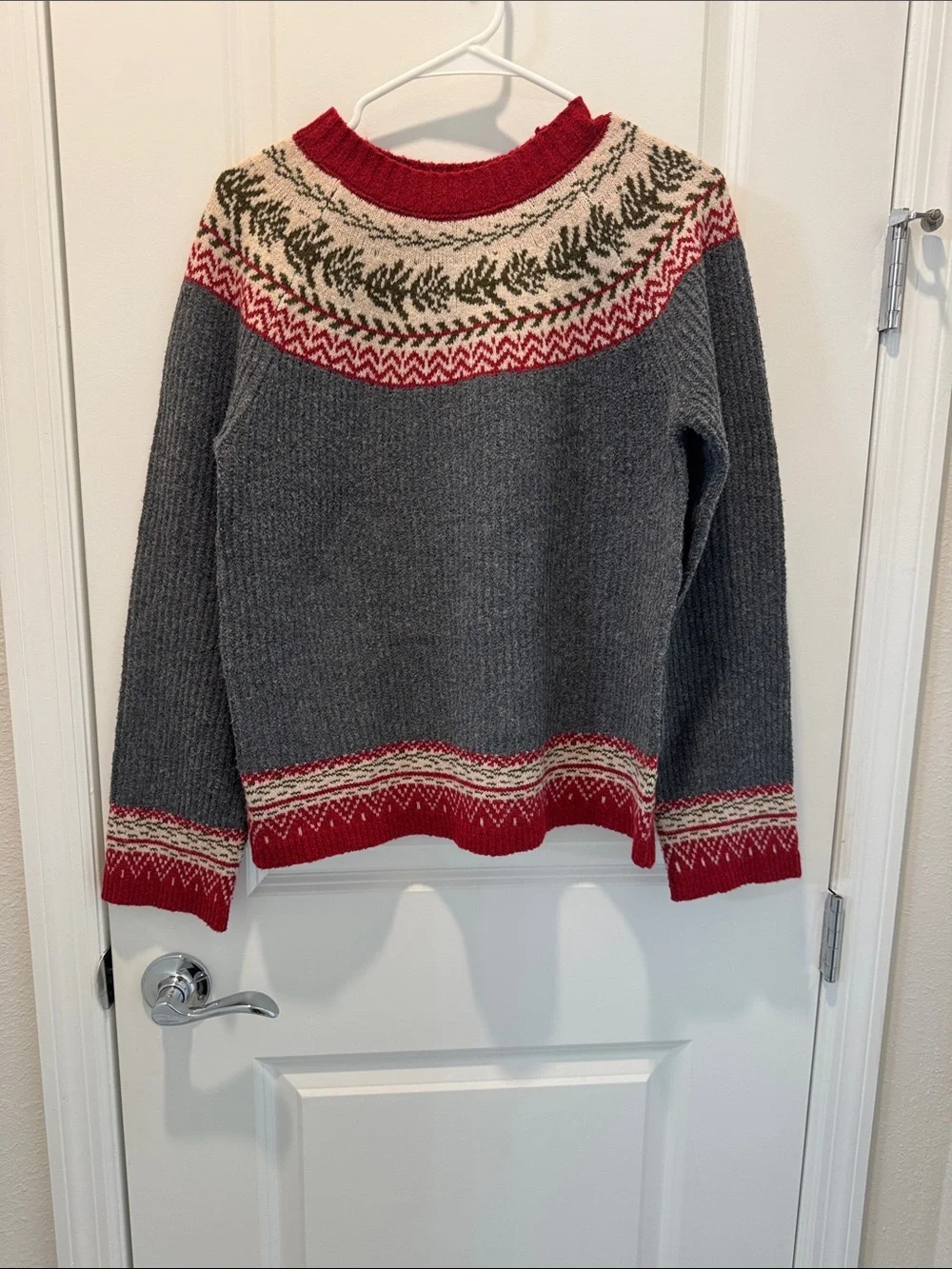 Cozy Gray Fair Isle Sweater with Red Trim